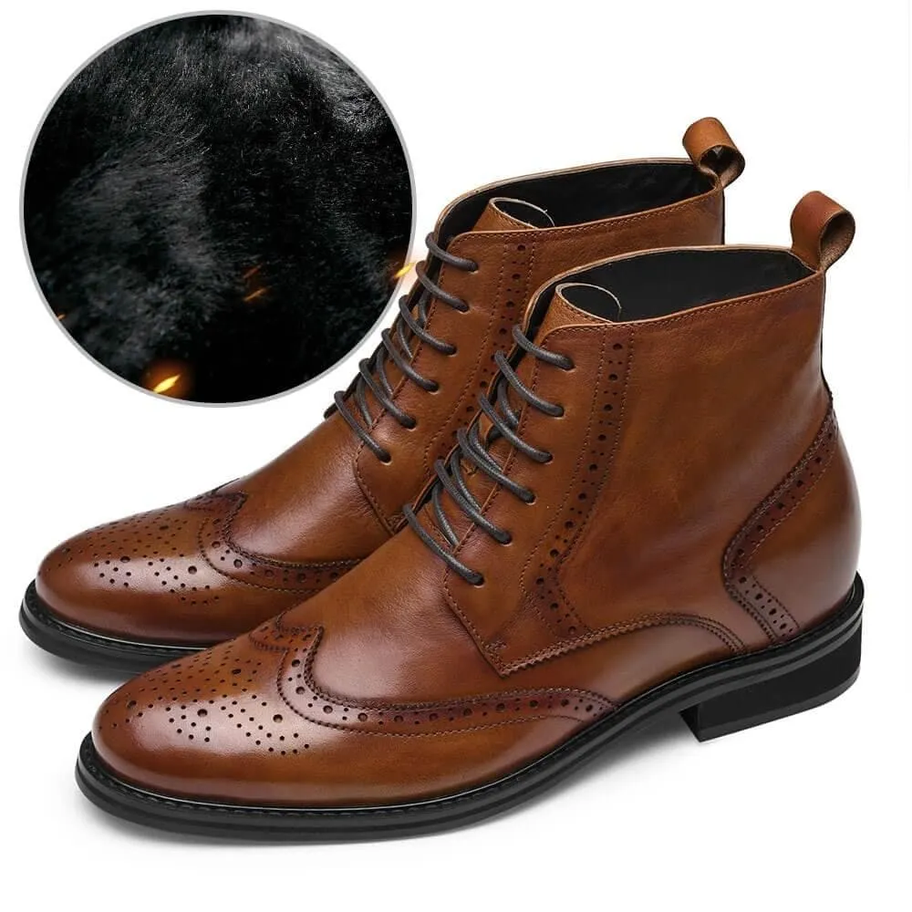 7CM / 2.76 Inches - CMR CHAMARIPA Invisible Height Increasing Elevator Boots Brown Fur-Lined Winter Boots For Men