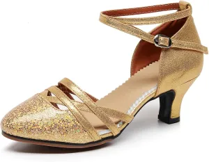 AOQUNFS Women's Glitter Latin Dance Shoes Closed Toe Latin Ballroom Dance Shoes Middle Heel,FT088A