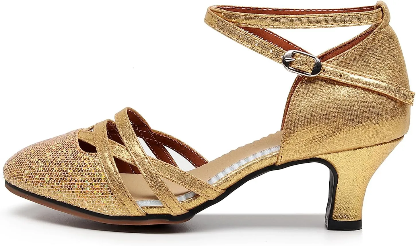 AOQUNFS Women's Glitter Latin Dance Shoes Closed Toe Latin Ballroom Dance Shoes Middle Heel,FT088A