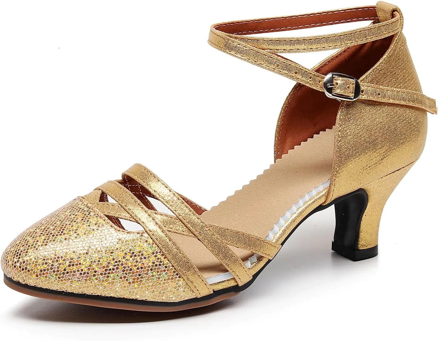 AOQUNFS Women's Glitter Latin Dance Shoes Closed Toe Latin Ballroom Dance Shoes Middle Heel,FT088A
