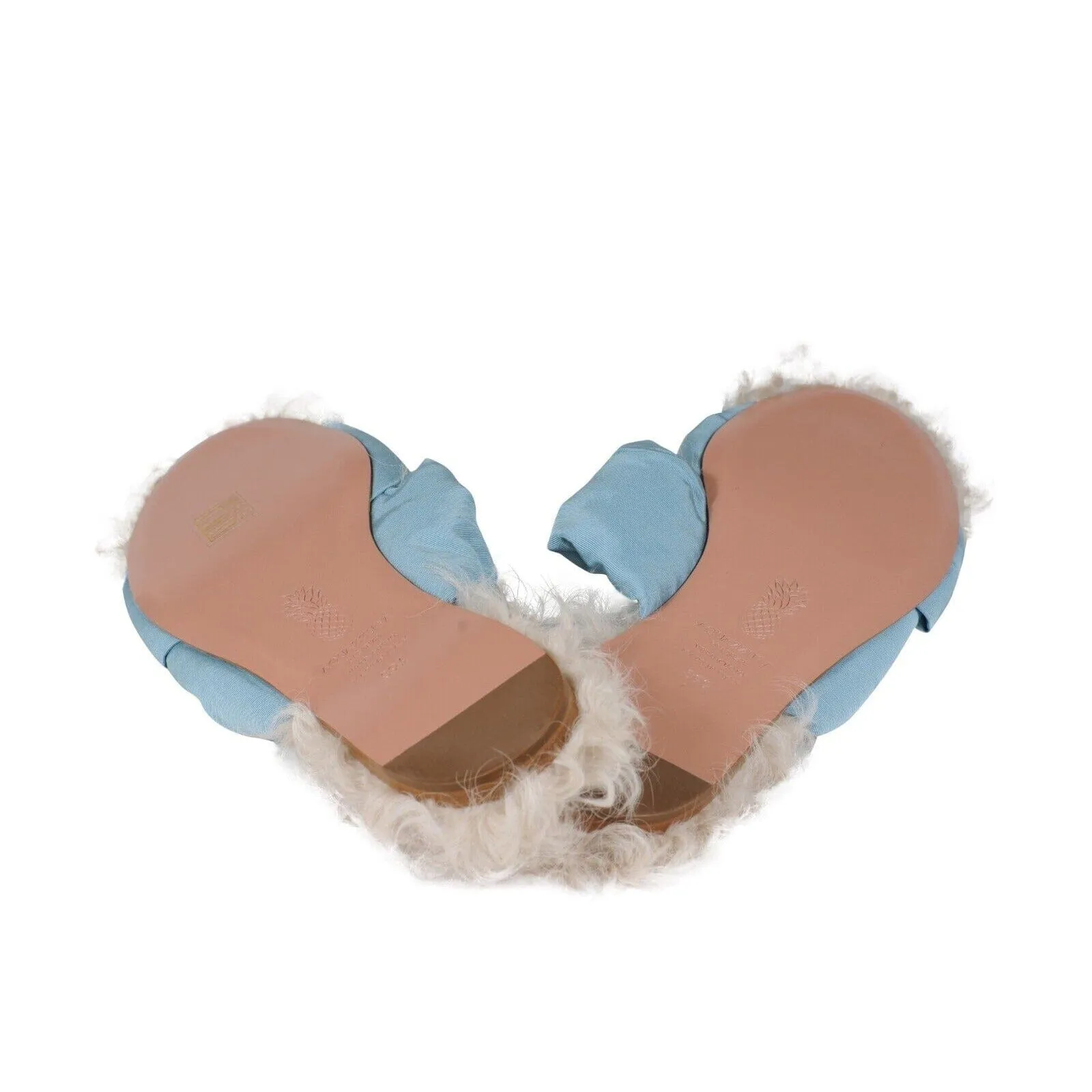 Aquazzura Grosgain Slides Blue Asja Shearling Sandals