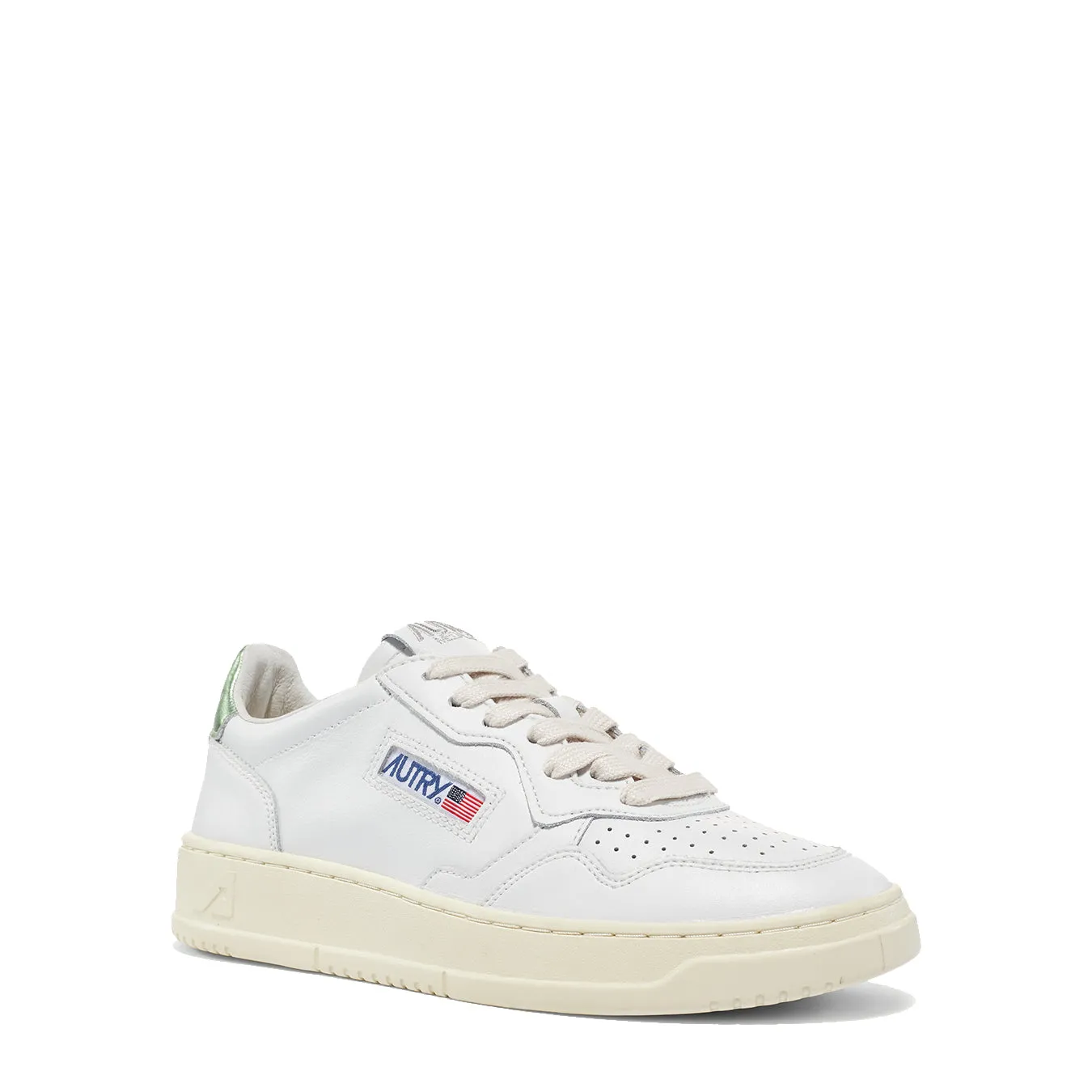 Autry Womens Medalist Low Leather Trainers White / Green Metallic