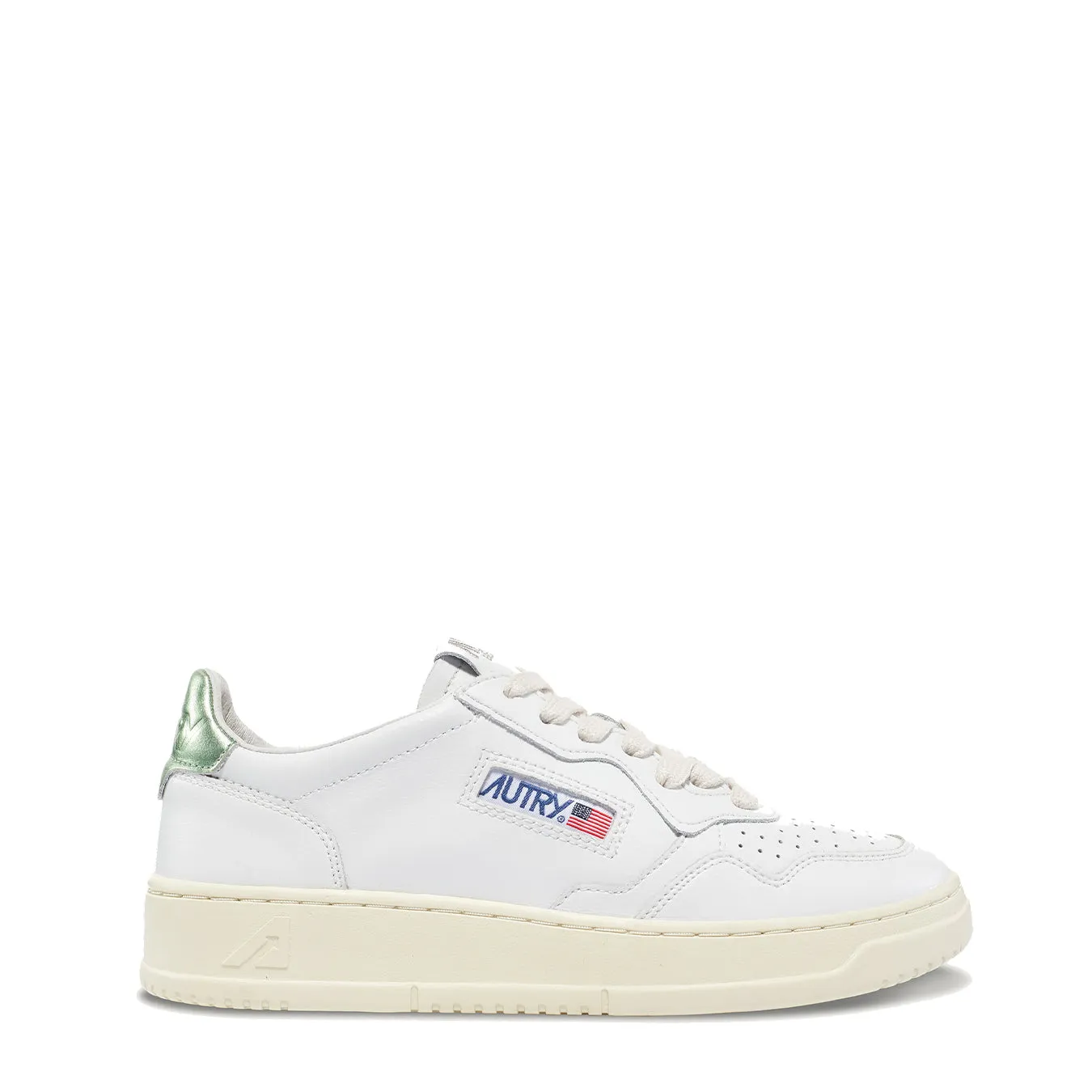 Autry Womens Medalist Low Leather Trainers White / Green Metallic