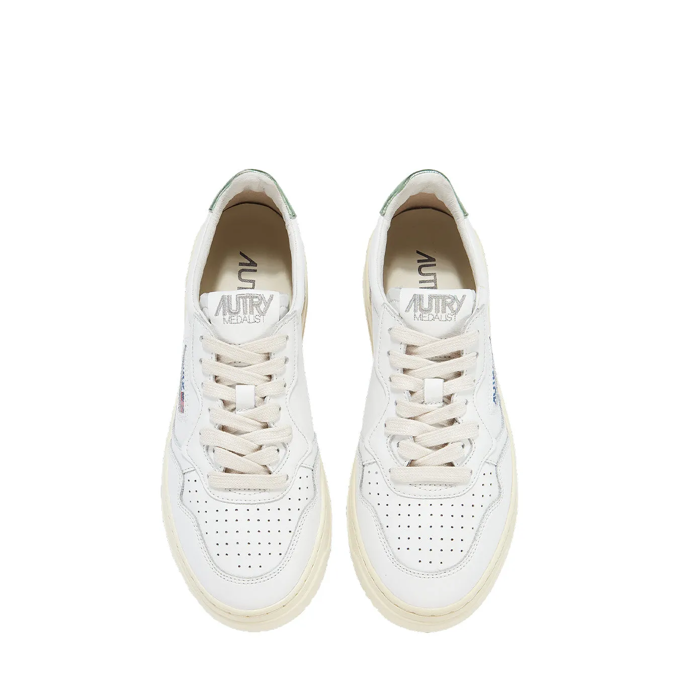 Autry Womens Medalist Low Leather Trainers White / Green Metallic