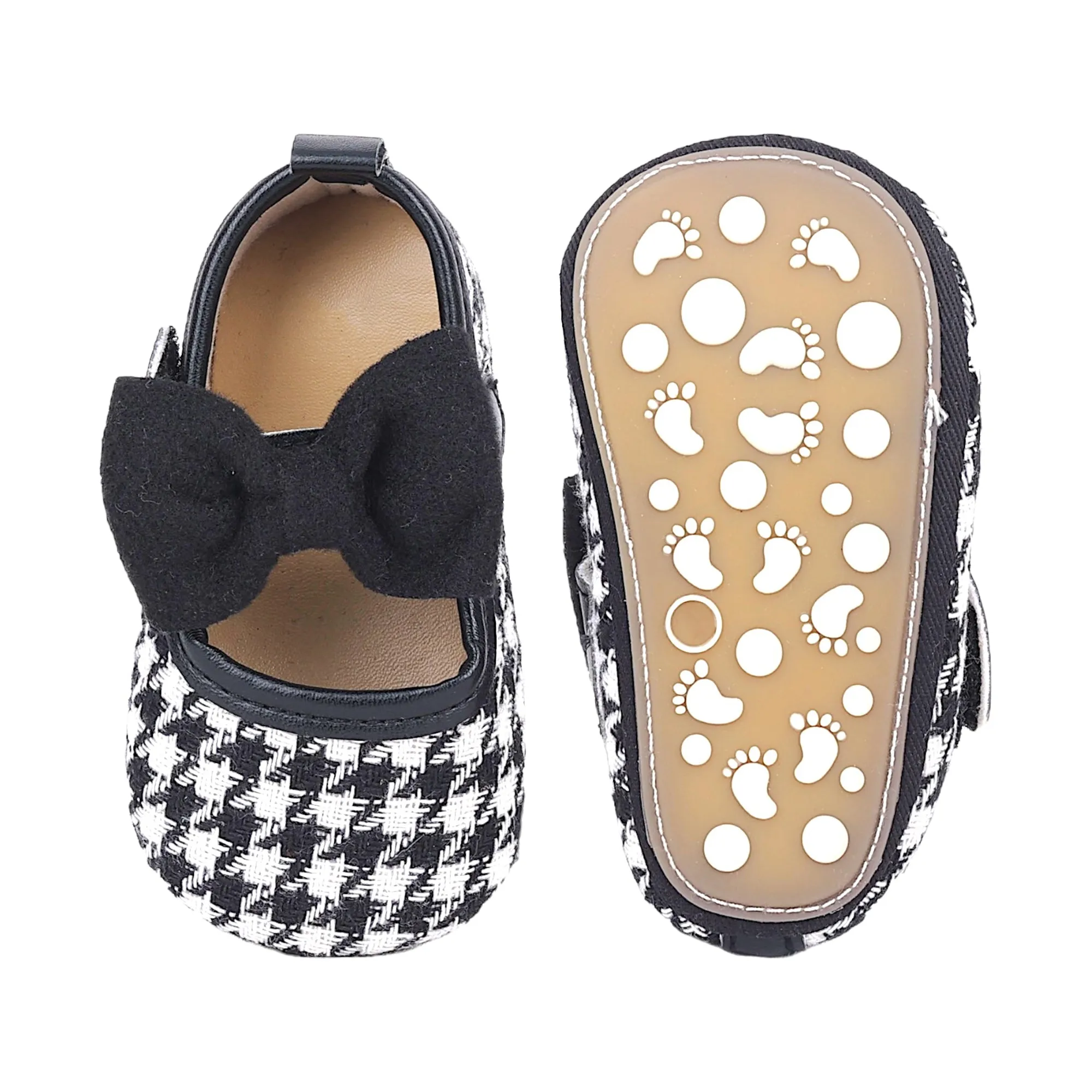 Baby Moo Houndstooth Print with Bow Velcro Strap Ballerina Booties - Black