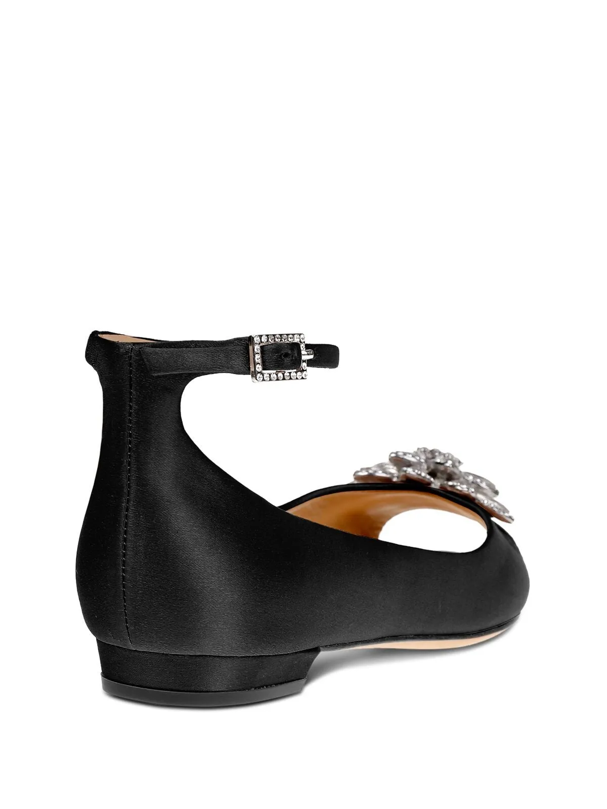 BADGLEY MISCHKA Womens Black Satin Adjustable Ankle Strap Rhinestone Cushioned Kaidence Peep Toe Buckle Dress Flats Shoes