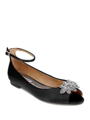 BADGLEY MISCHKA Womens Black Satin Adjustable Ankle Strap Rhinestone Cushioned Kaidence Peep Toe Buckle Dress Flats Shoes
