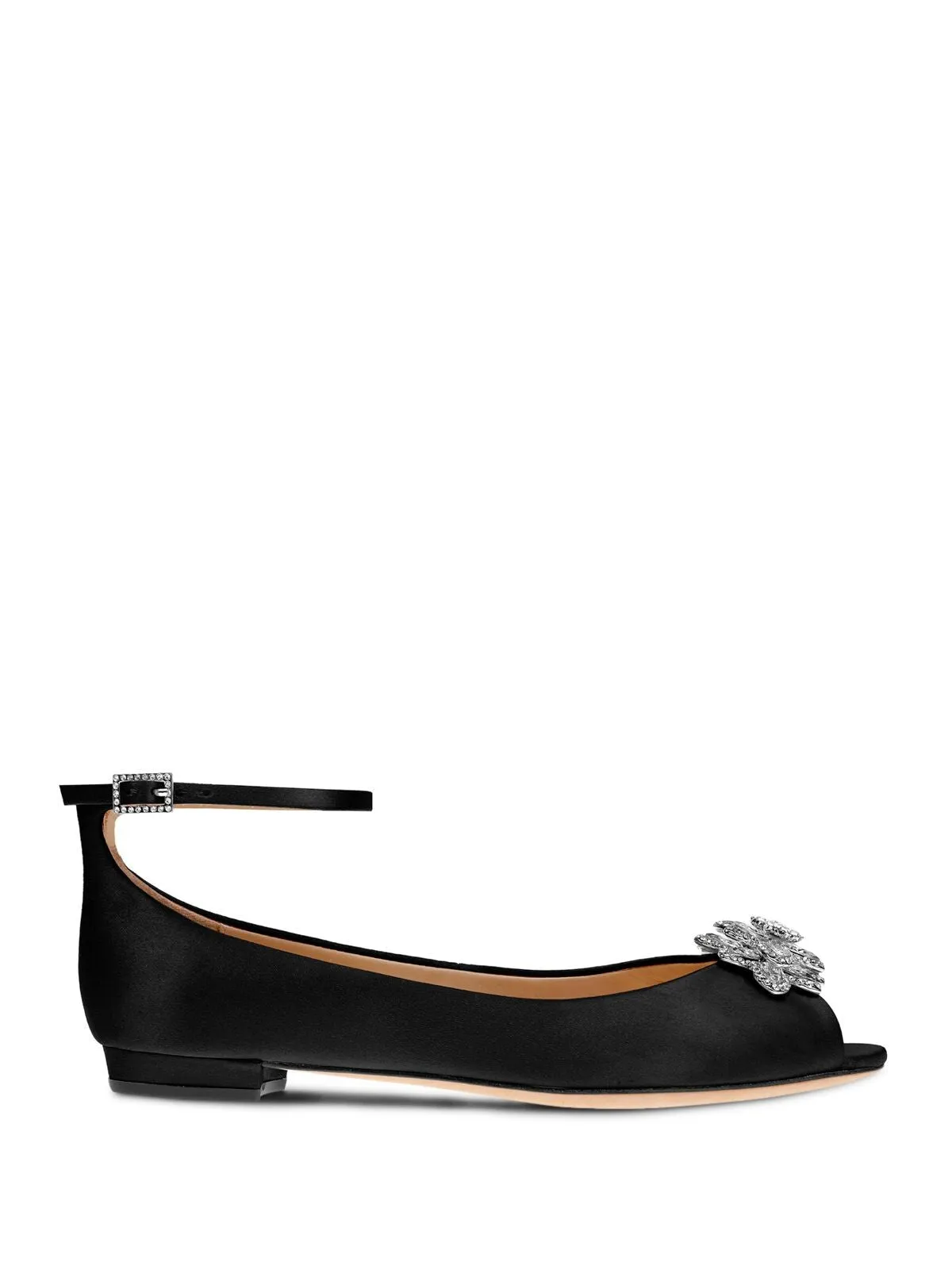 BADGLEY MISCHKA Womens Black Satin Adjustable Ankle Strap Rhinestone Cushioned Kaidence Peep Toe Buckle Dress Flats Shoes