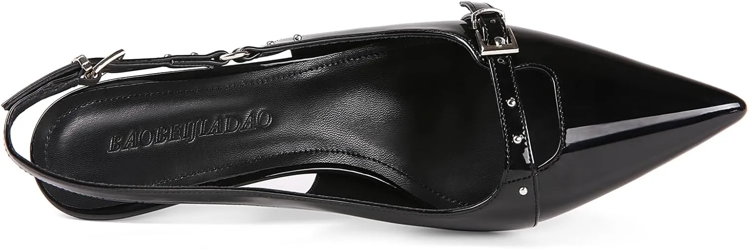 baobeijiadao Womens Slingback Heels Pointed Toe Slip On Pumps Closed Toe Kitten Heel Heeled Sandals Patent Leather Dress Shoes for Women