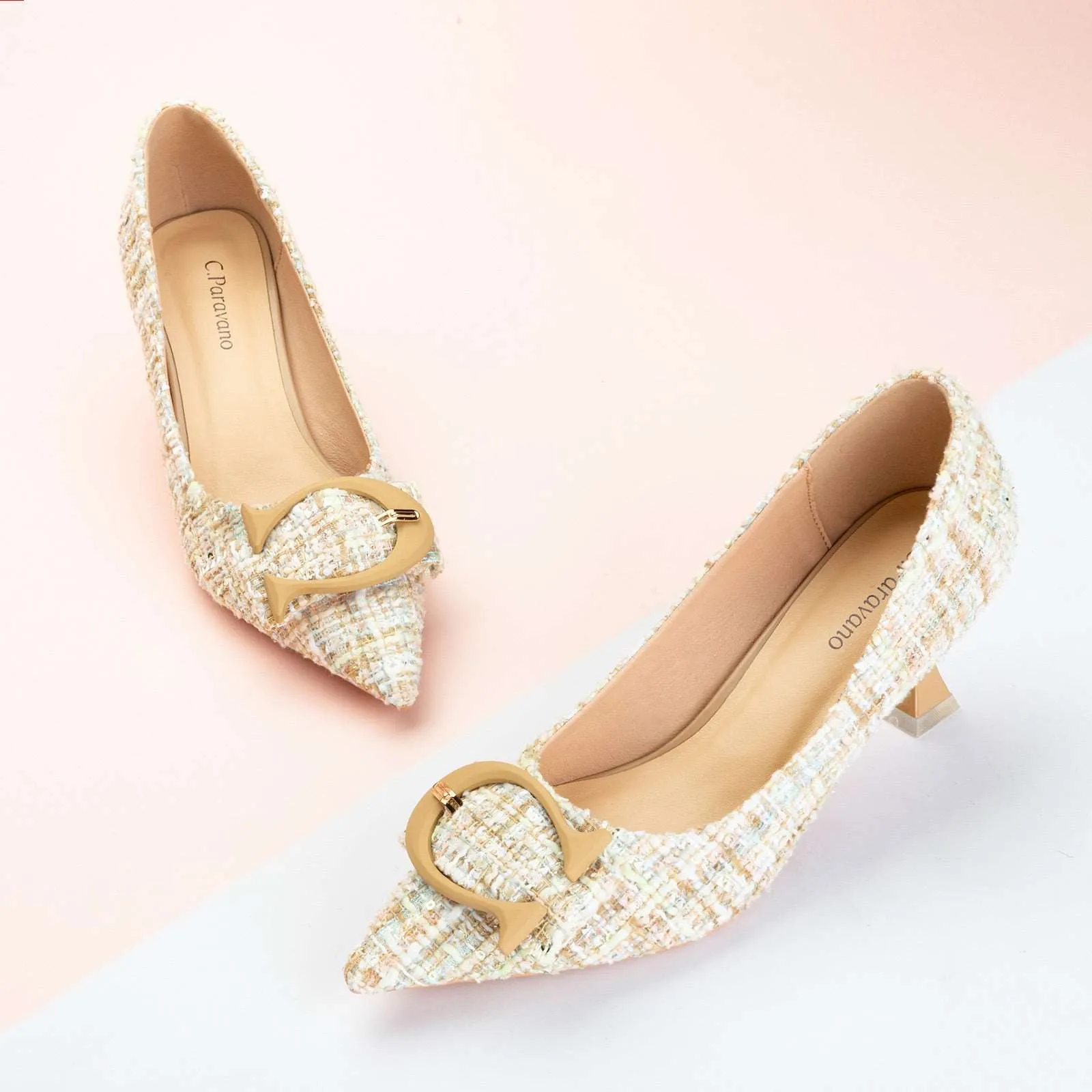 C Buckle Tweed Pumps (Olivia）Yellow
