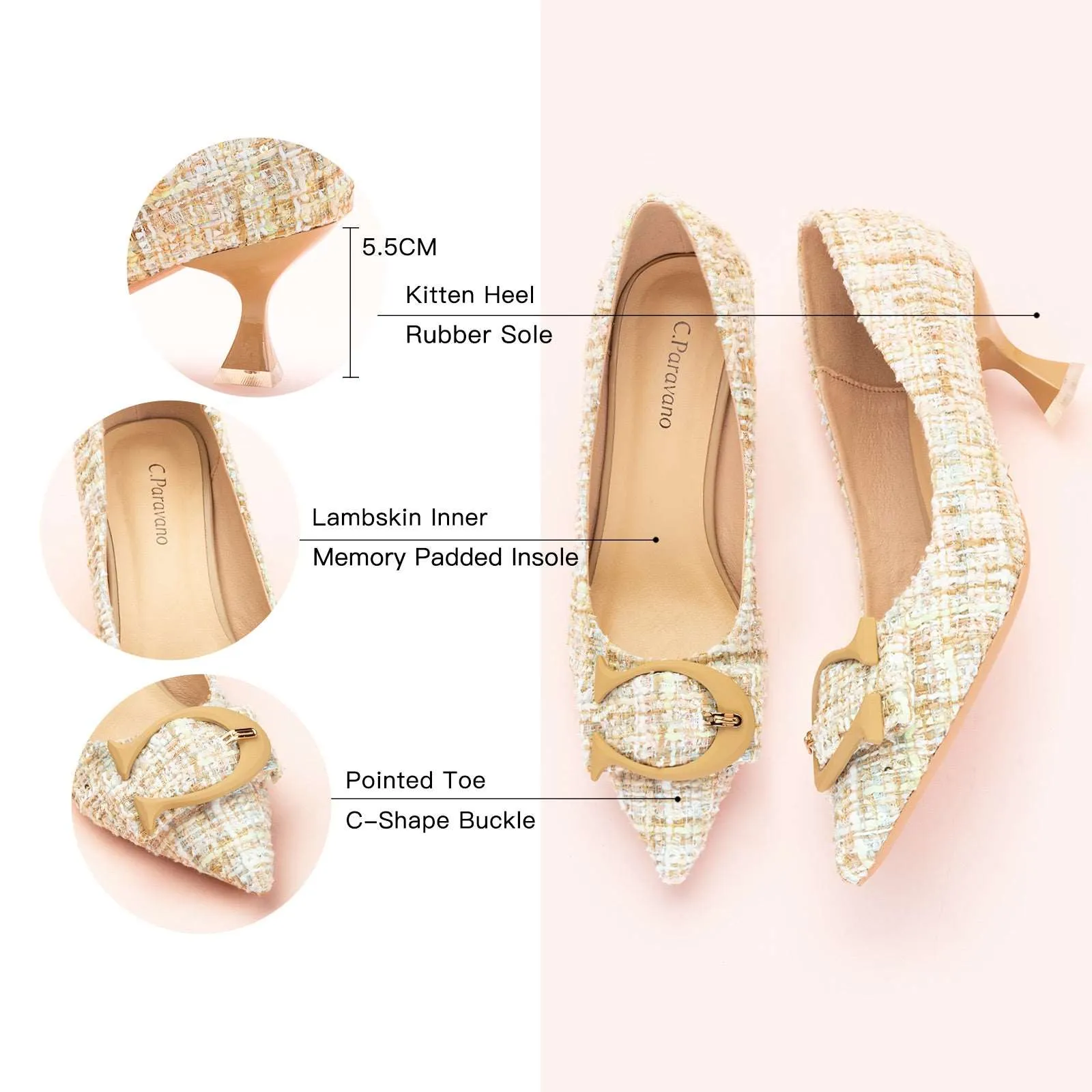 C Buckle Tweed Pumps (Olivia）Yellow