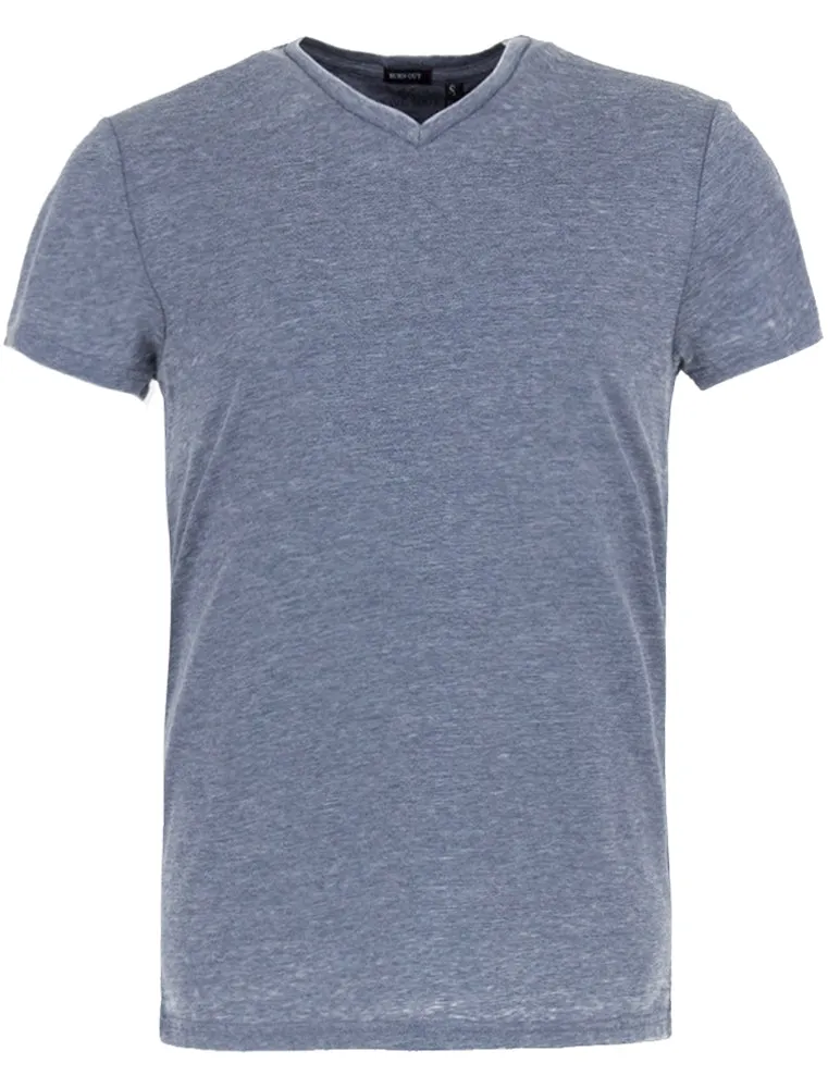 Calibanb V Neck Burn Out Slub T-Shirt in Vintage Indigo