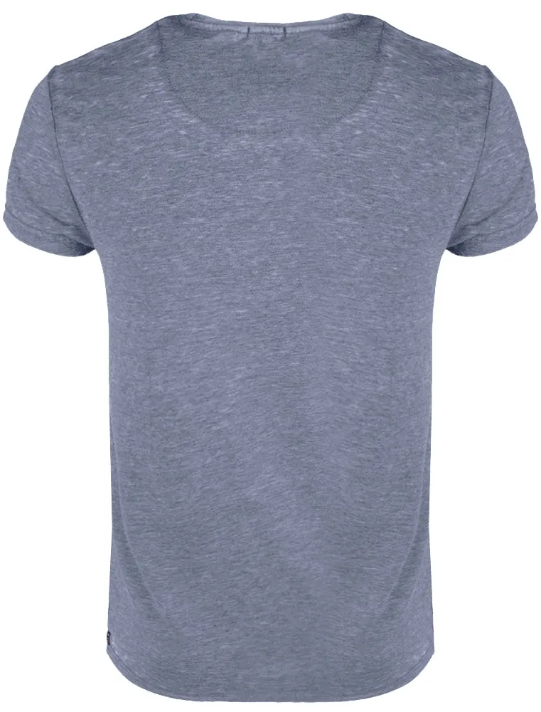 Calibanb V Neck Burn Out Slub T-Shirt in Vintage Indigo