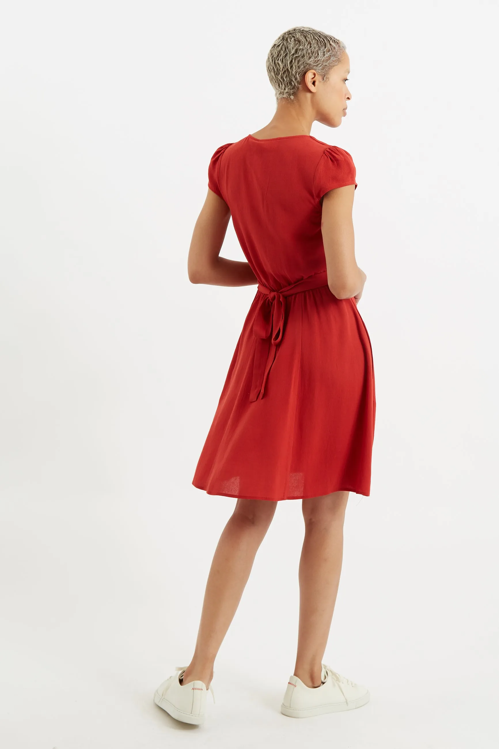 Cathleen Mini Moss Crepe Terracotta Red Tea Dress