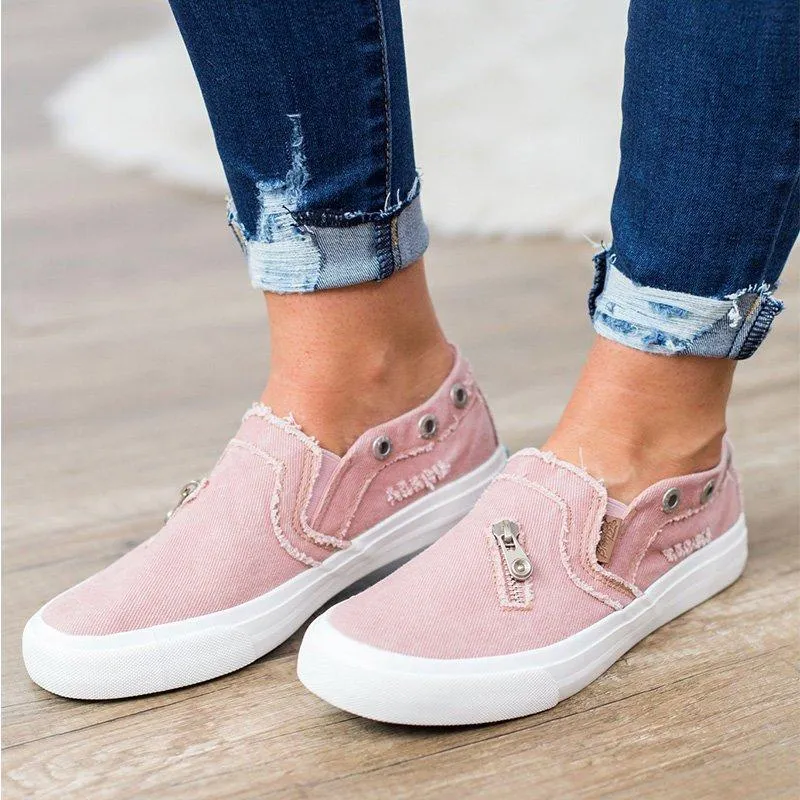 Chicvane Zipper Decoration Jean Fabric Slip-On Round Toe Platform Loafers