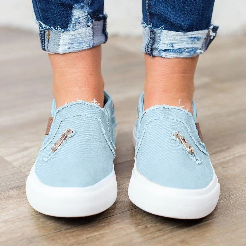 Chicvane Zipper Decoration Jean Fabric Slip-On Round Toe Platform Loafers