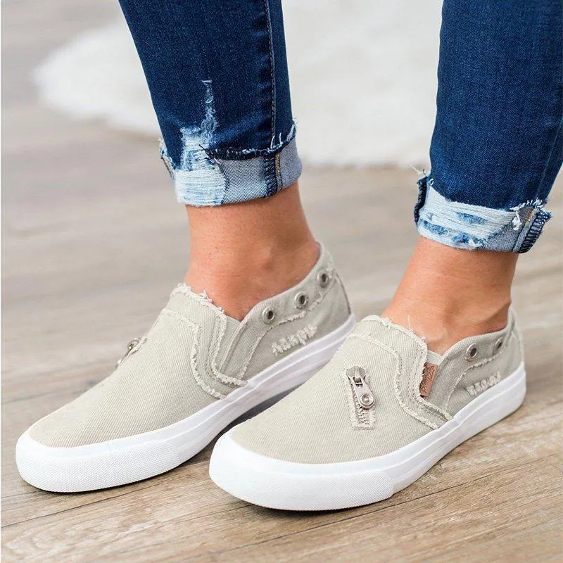 Chicvane Zipper Decoration Jean Fabric Slip-On Round Toe Platform Loafers