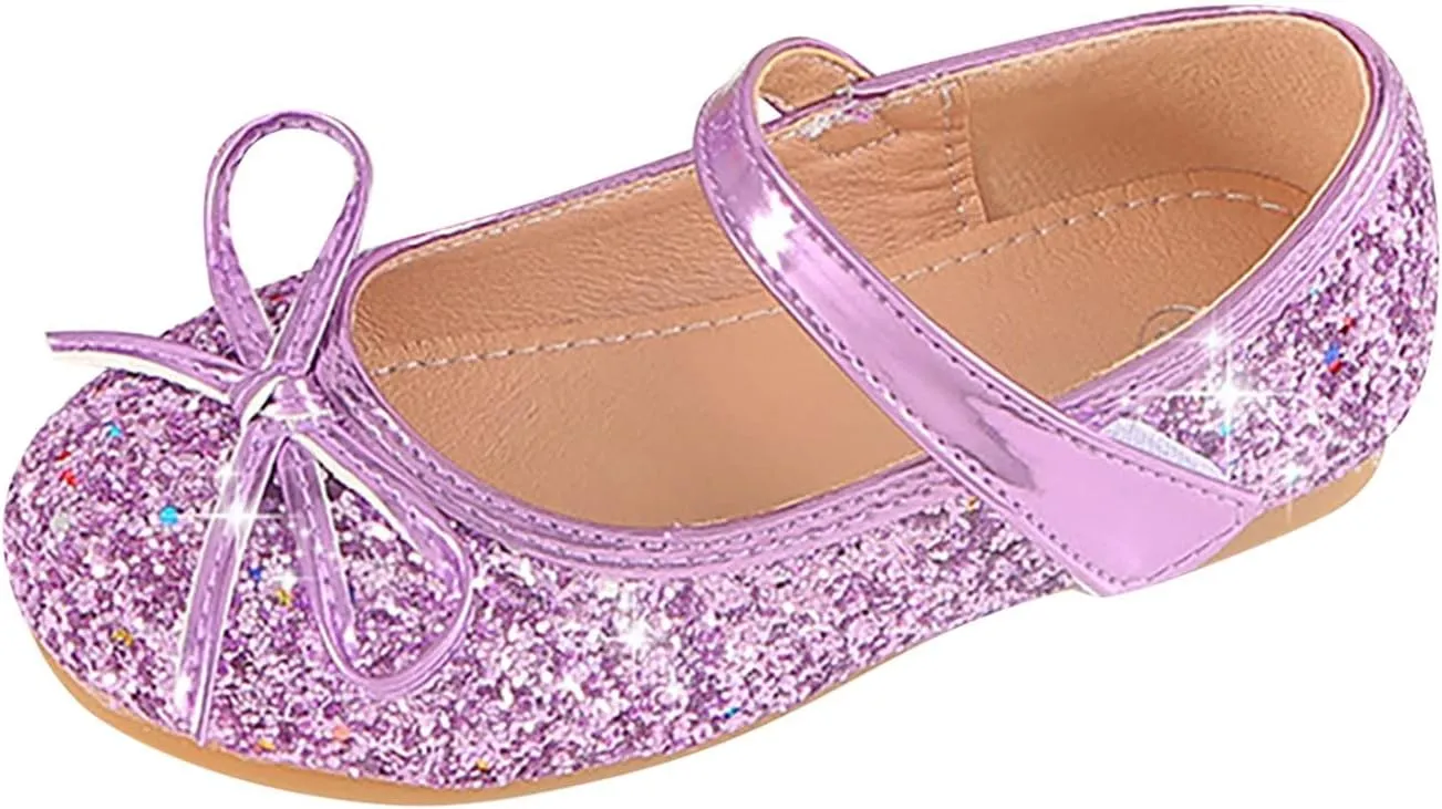 Children's Girls Wedding Shoes Flower Child Sequins Fine Glitter Bow Girl Princess Shoes Rhinestone Party Birthday Prom Flat