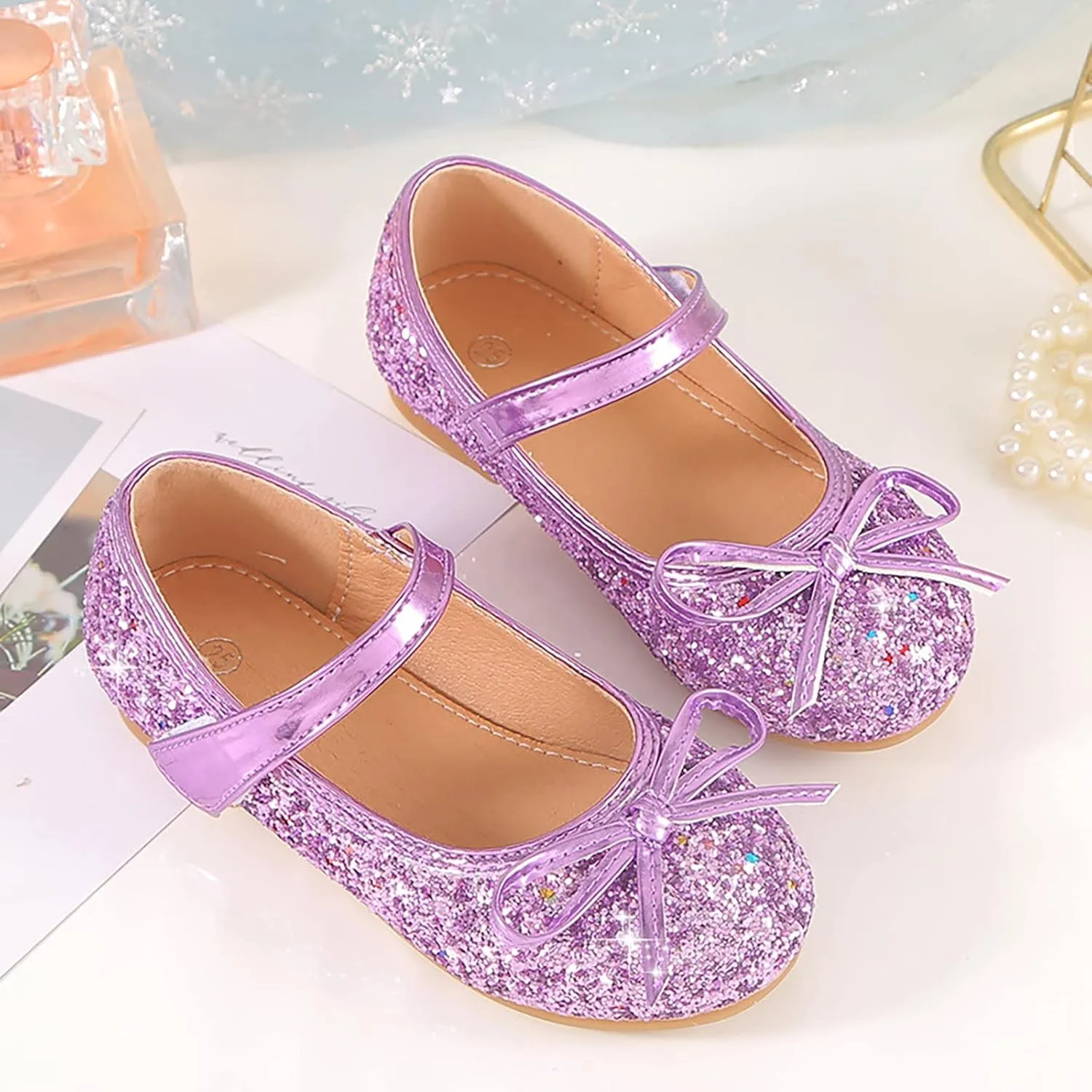 Children's Girls Wedding Shoes Flower Child Sequins Fine Glitter Bow Girl Princess Shoes Rhinestone Party Birthday Prom Flat