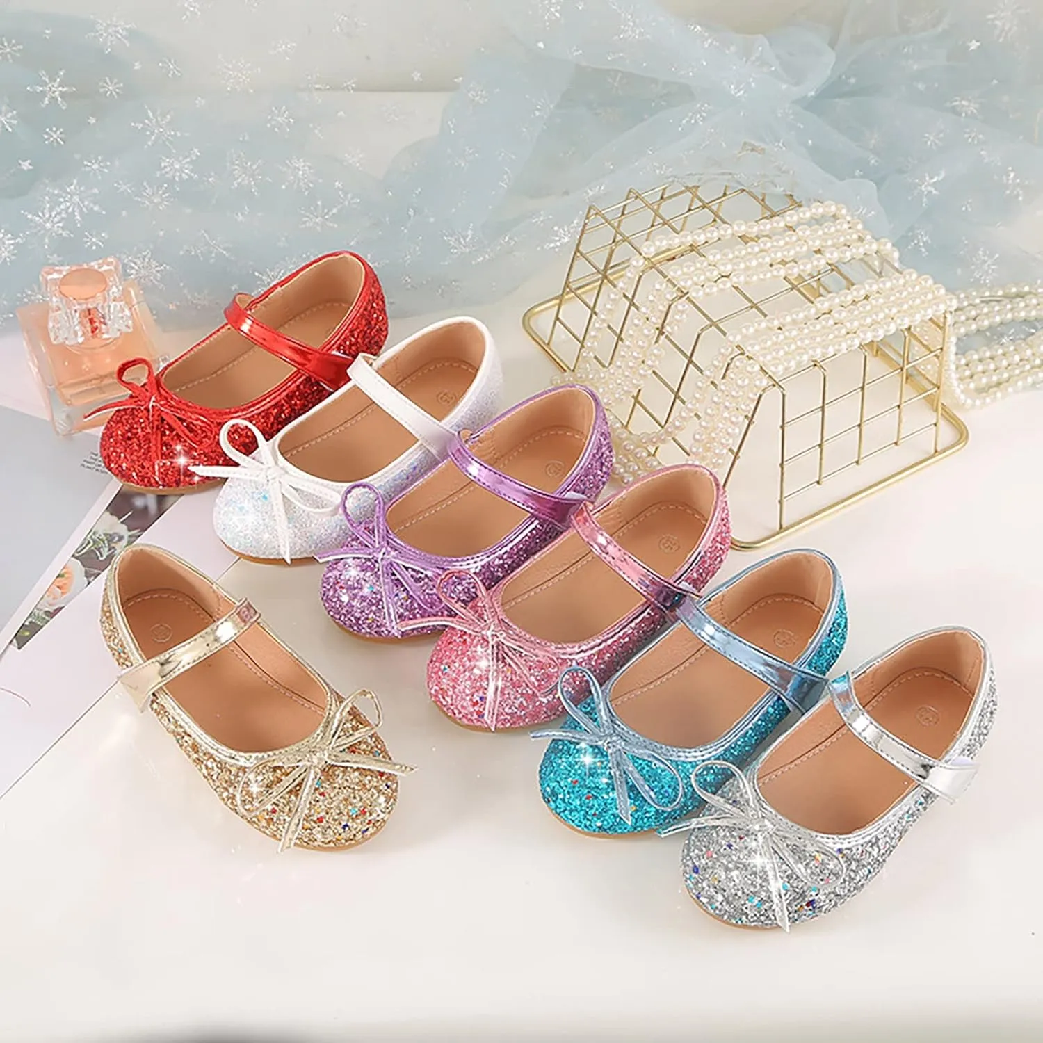 Children's Girls Wedding Shoes Flower Child Sequins Fine Glitter Bow Girl Princess Shoes Rhinestone Party Birthday Prom Flat