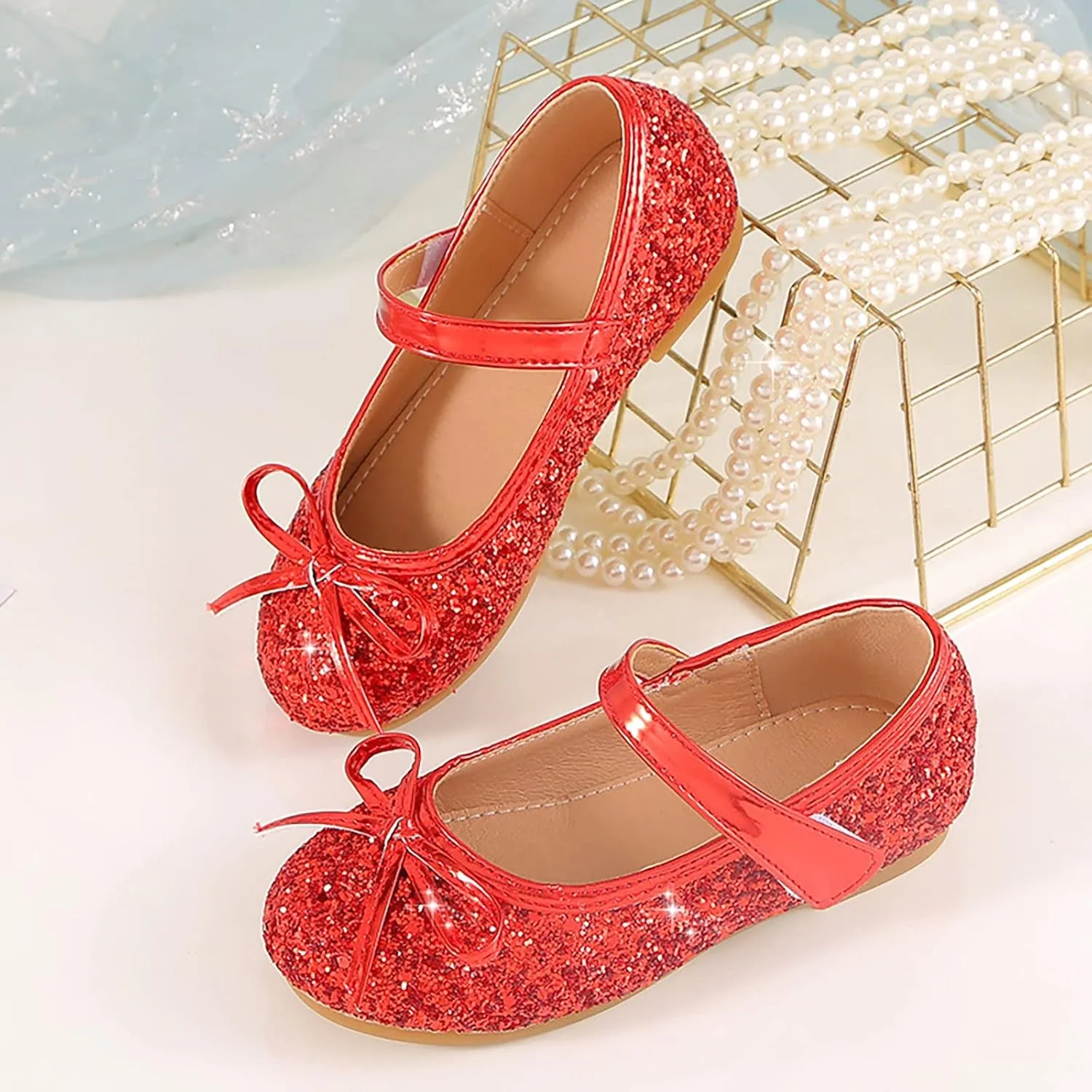 Children's Girls Wedding Shoes Flower Child Sequins Fine Glitter Bow Girl Princess Shoes Rhinestone Party Birthday Prom Flat