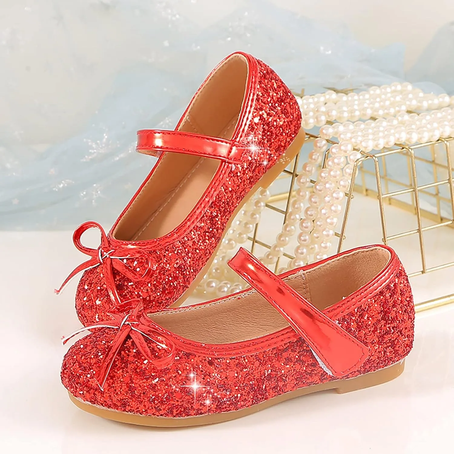 Children's Girls Wedding Shoes Flower Child Sequins Fine Glitter Bow Girl Princess Shoes Rhinestone Party Birthday Prom Flat