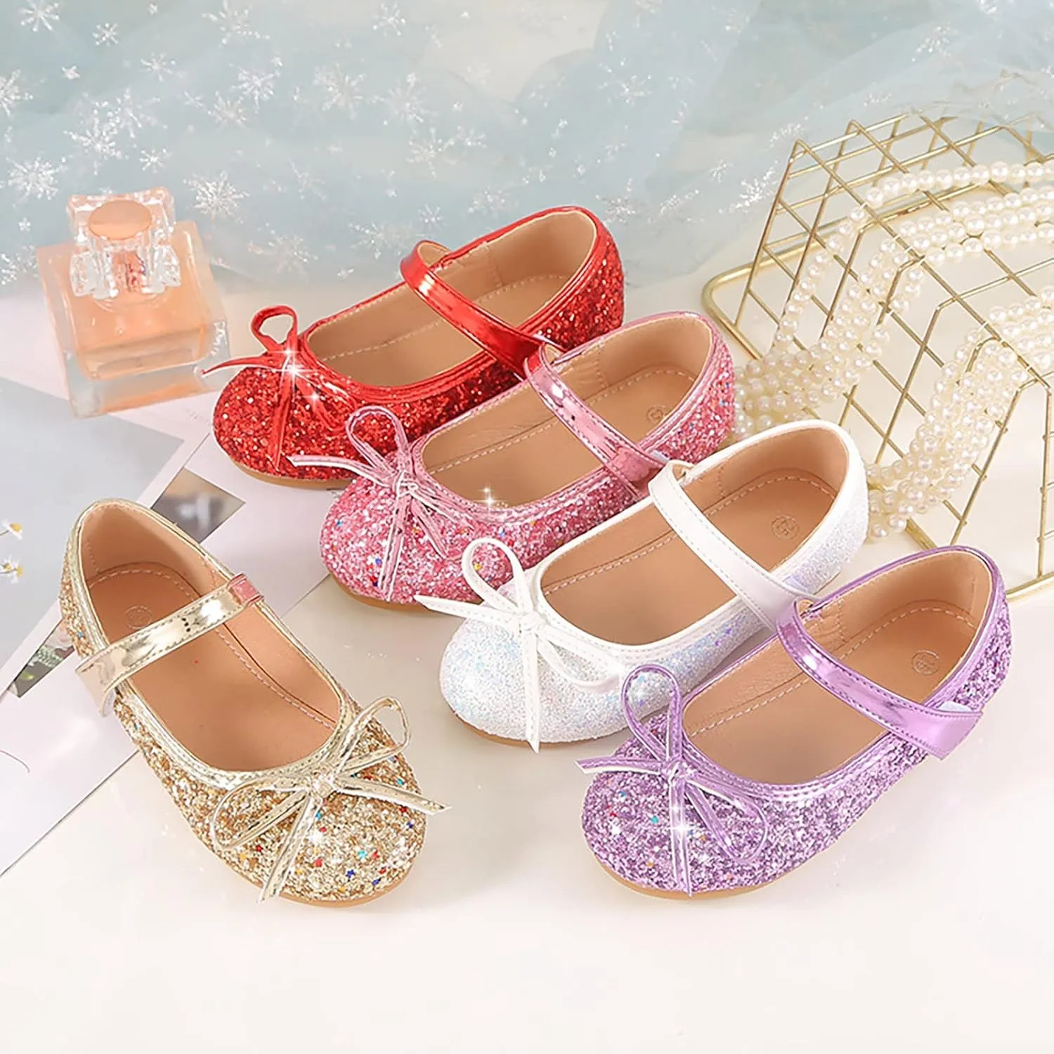 Children's Girls Wedding Shoes Flower Child Sequins Fine Glitter Bow Girl Princess Shoes Rhinestone Party Birthday Prom Flat