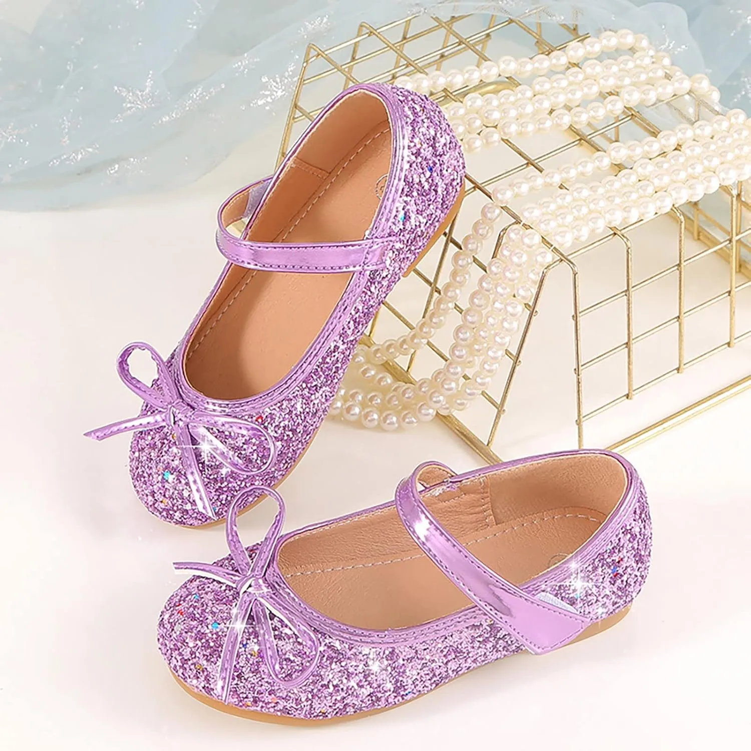 Children's Girls Wedding Shoes Flower Child Sequins Fine Glitter Bow Girl Princess Shoes Rhinestone Party Birthday Prom Flat