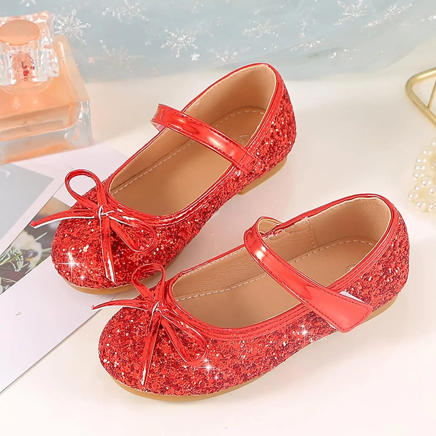 Children's Girls Wedding Shoes Flower Child Sequins Fine Glitter Bow Girl Princess Shoes Rhinestone Party Birthday Prom Flat