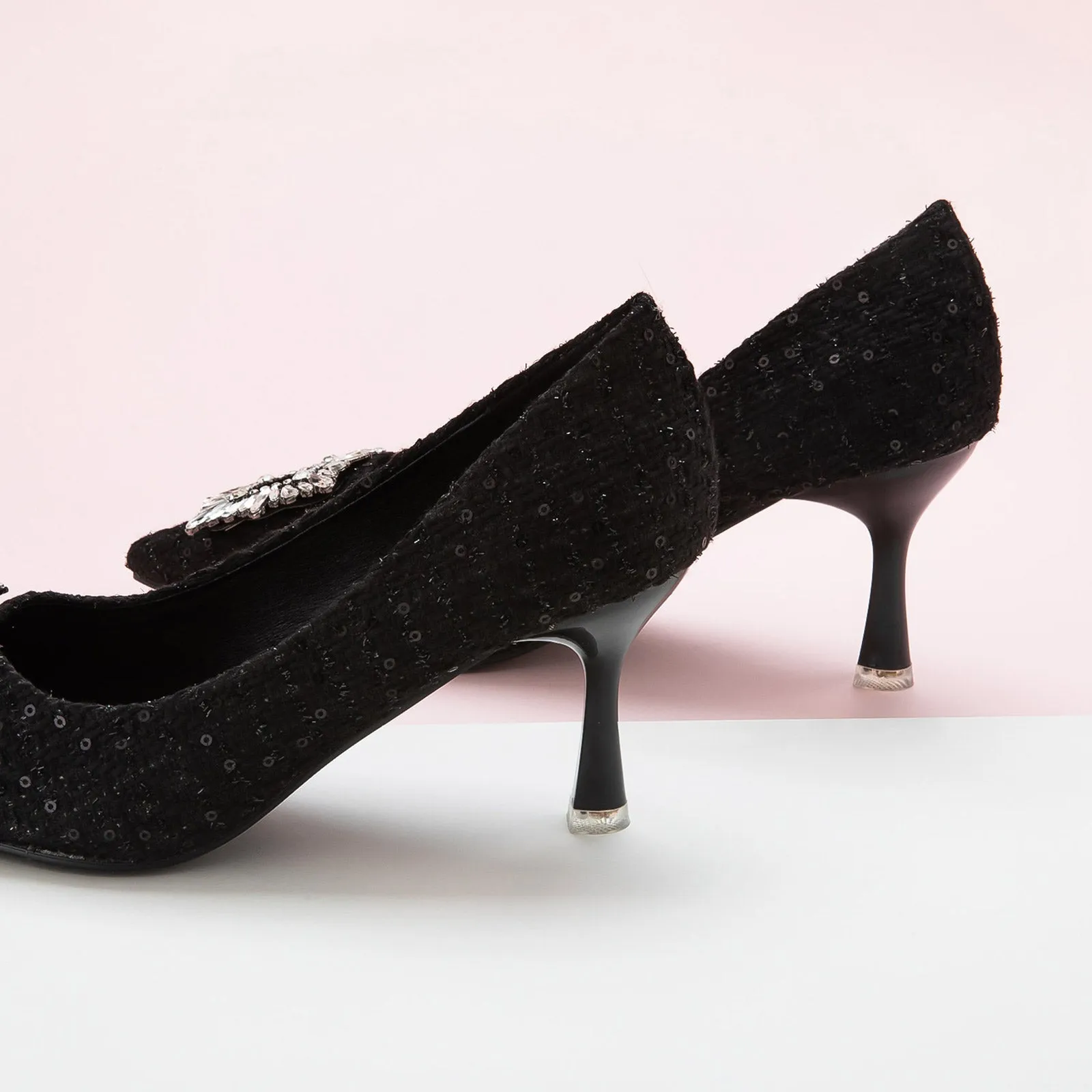 Crystal Buckle Tweed Pumps (Olivia) Black Glitter