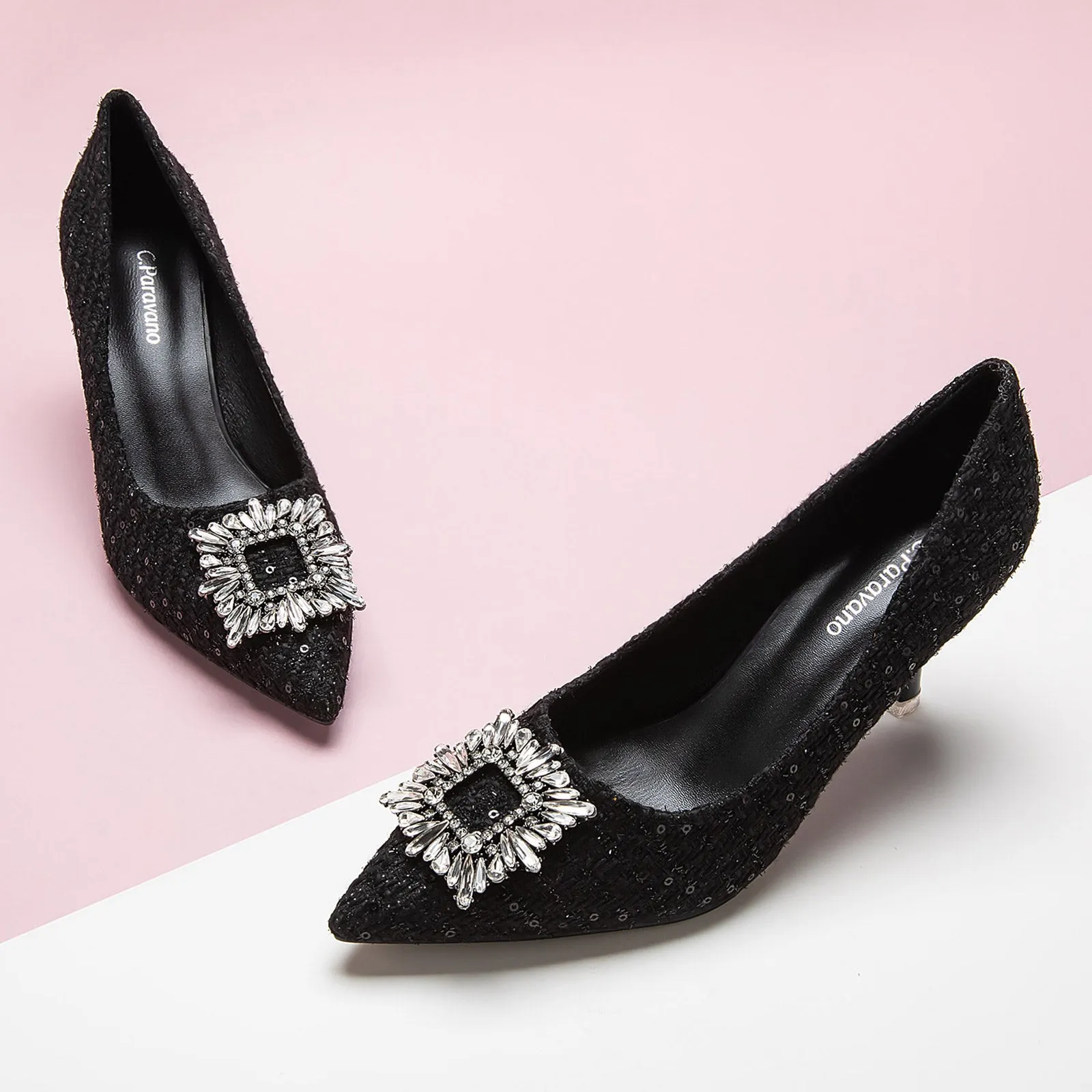 Crystal Buckle Tweed Pumps (Olivia) Black Glitter