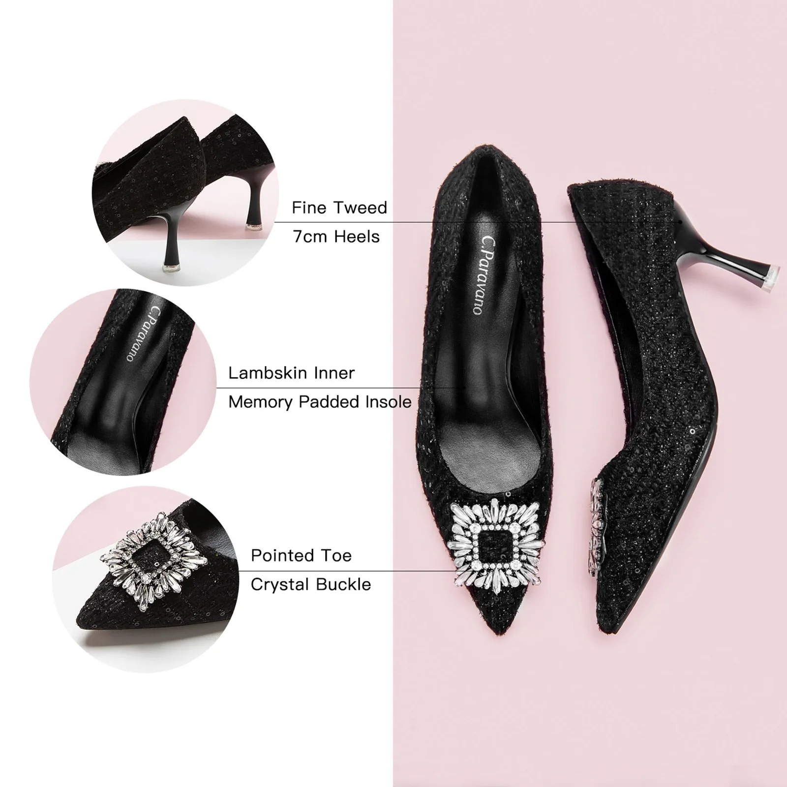 Crystal Buckle Tweed Pumps (Olivia) Black Glitter