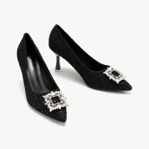 Crystal Buckle Tweed Pumps (Olivia) Black Glitter