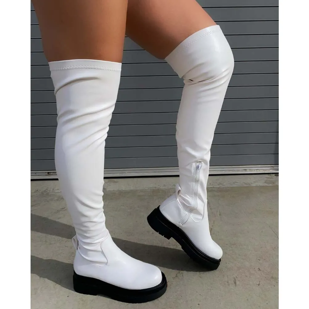 DEANWANGKT Platform Chunky Heel Zipper Ladies Thigh High Boots Fashion Comfy Black Design Casual Over The Knee Boots For Women