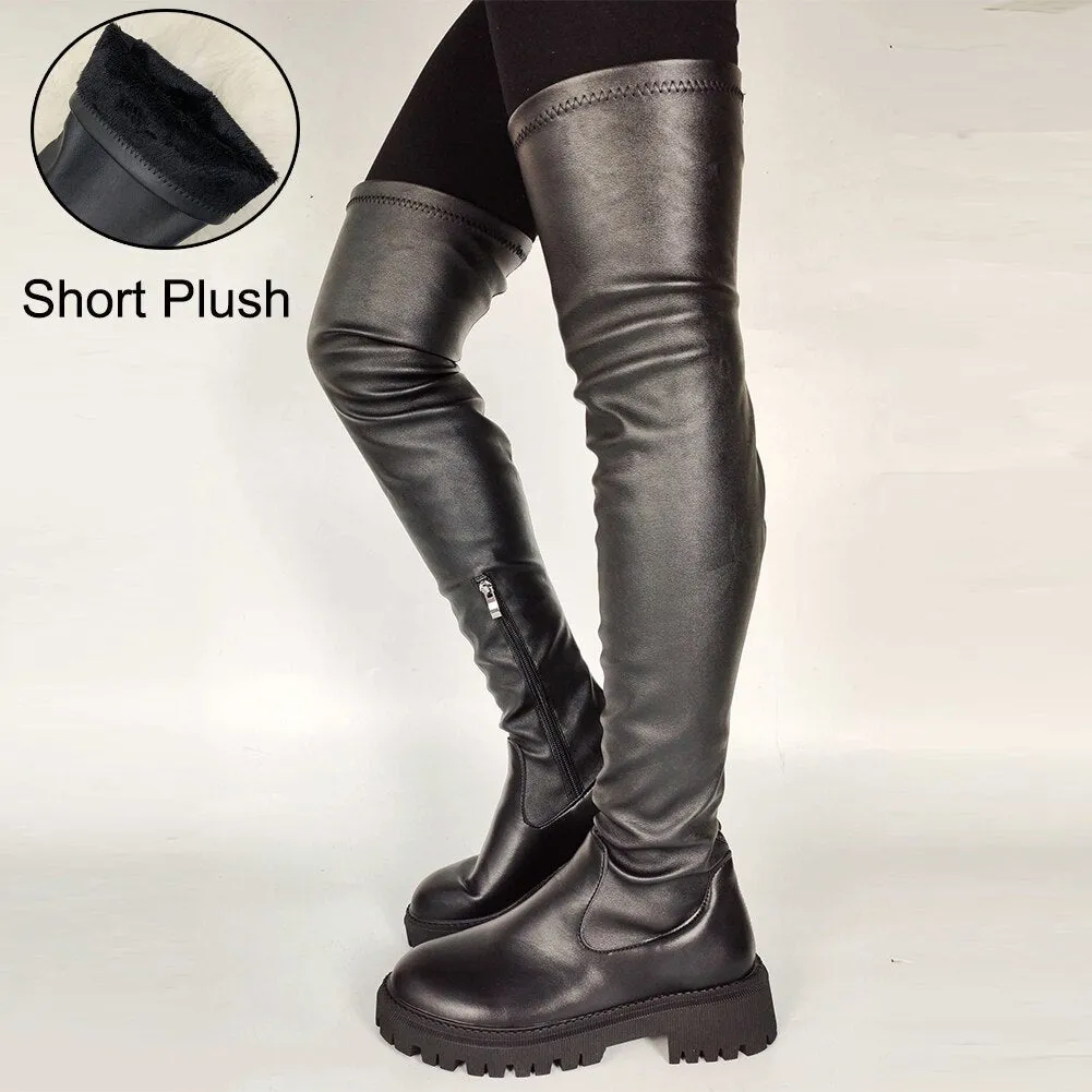 DEANWANGKT Platform Chunky Heel Zipper Ladies Thigh High Boots Fashion Comfy Black Design Casual Over The Knee Boots For Women