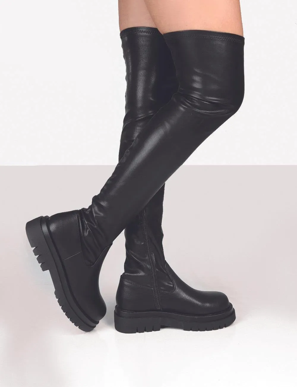 DEANWANGKT Platform Chunky Heel Zipper Ladies Thigh High Boots Fashion Comfy Black Design Casual Over The Knee Boots For Women