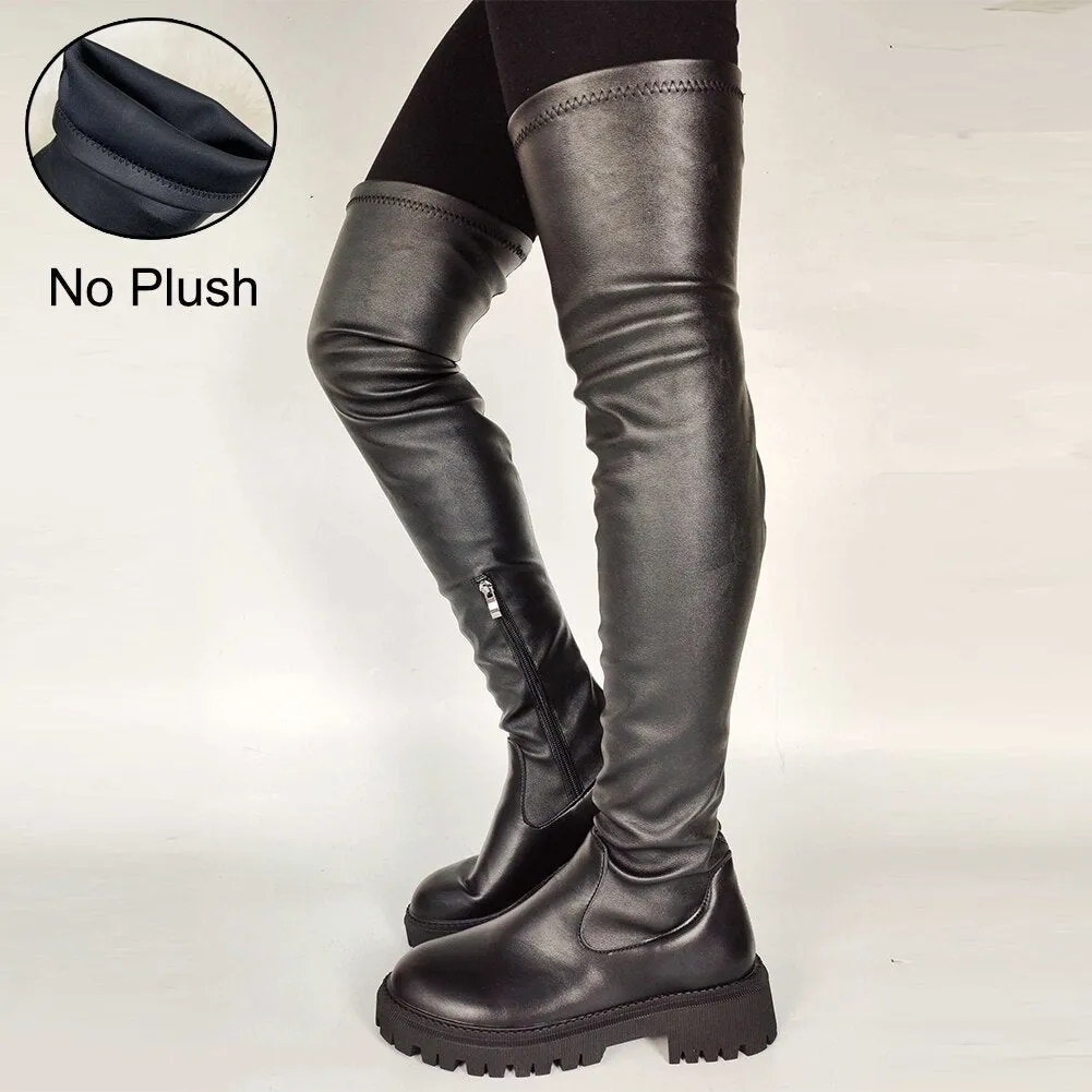 DEANWANGKT Platform Chunky Heel Zipper Ladies Thigh High Boots Fashion Comfy Black Design Casual Over The Knee Boots For Women