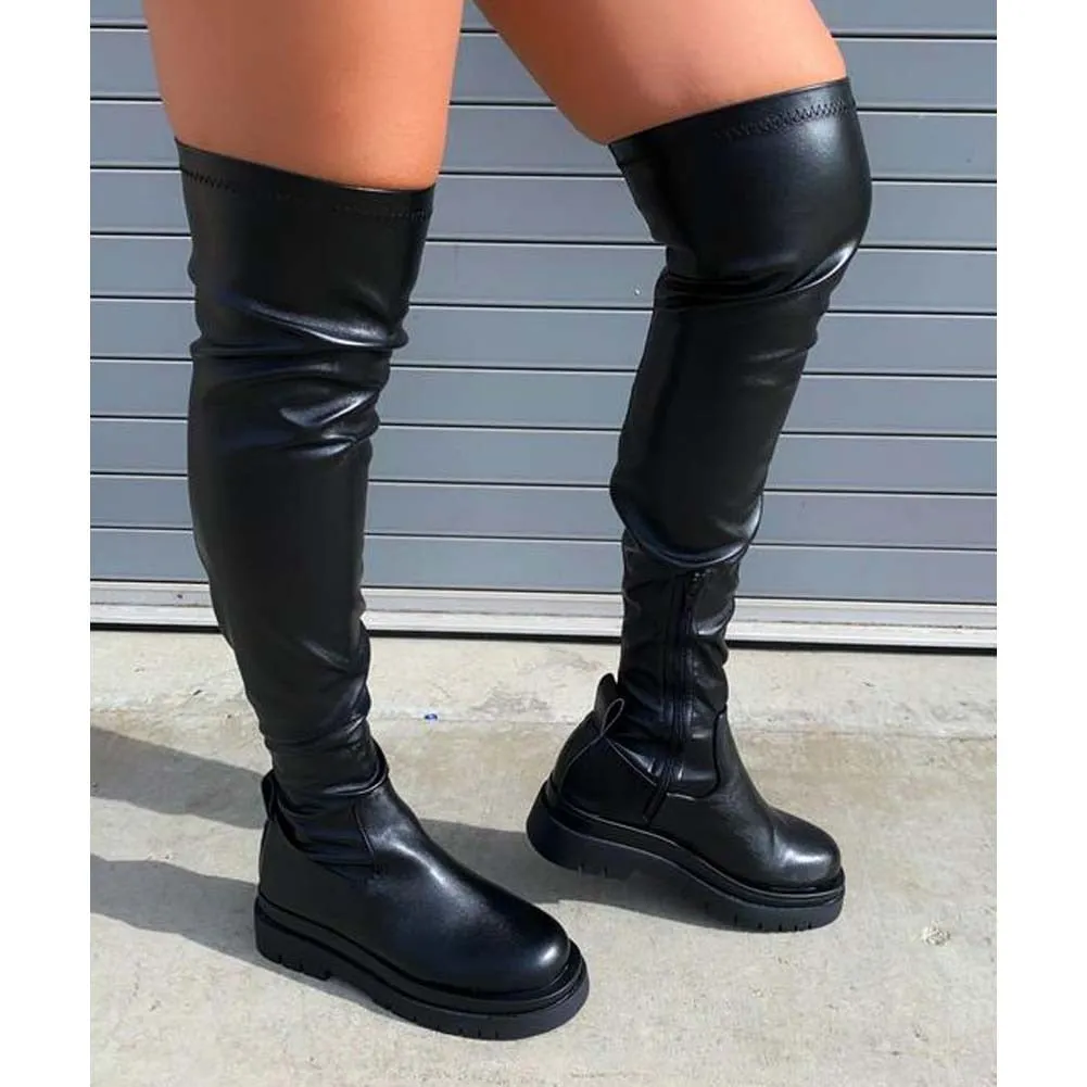 DEANWANGKT Platform Chunky Heel Zipper Ladies Thigh High Boots Fashion Comfy Black Design Casual Over The Knee Boots For Women