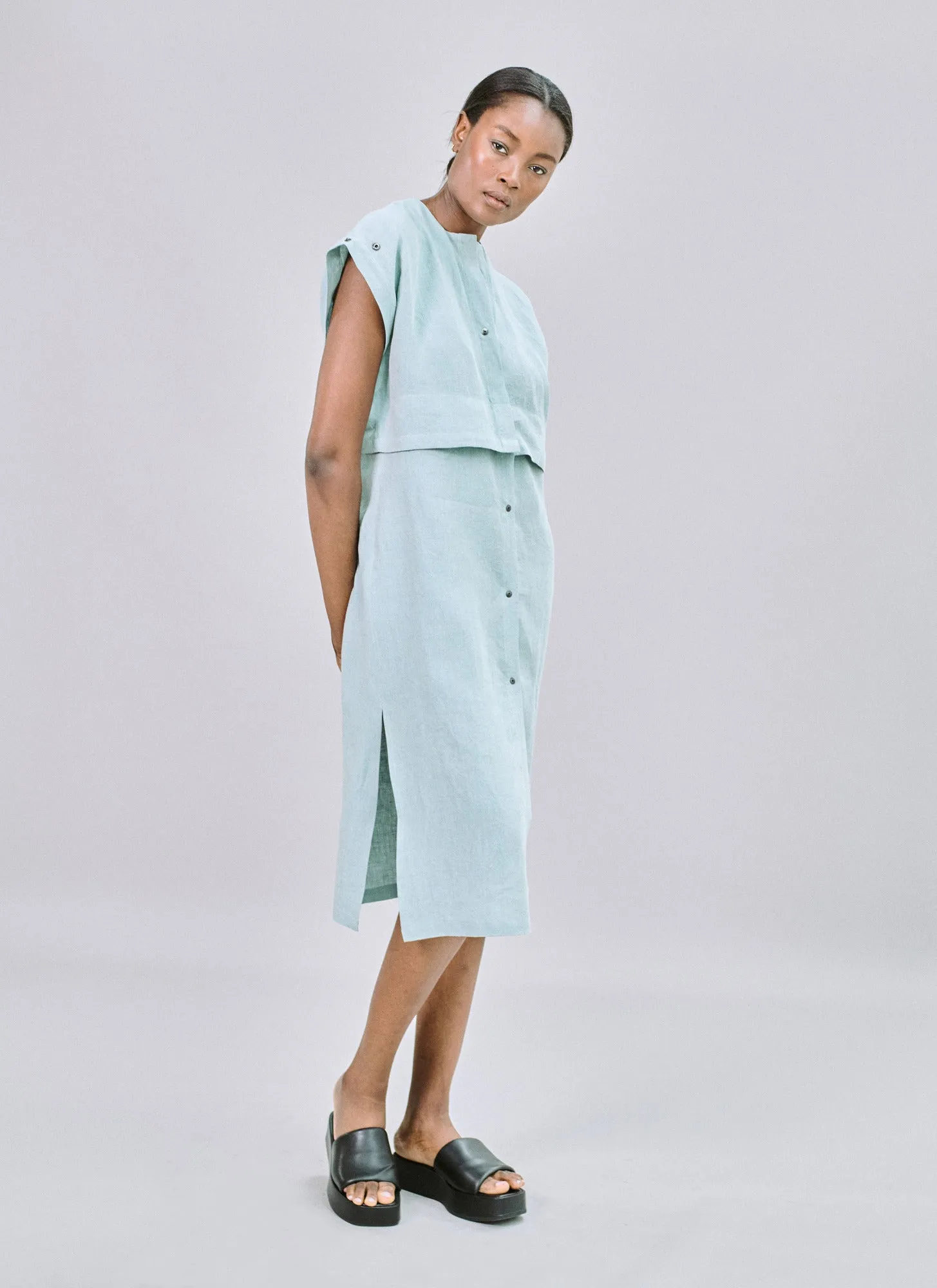 East meets West dress in vintage green Irish linen