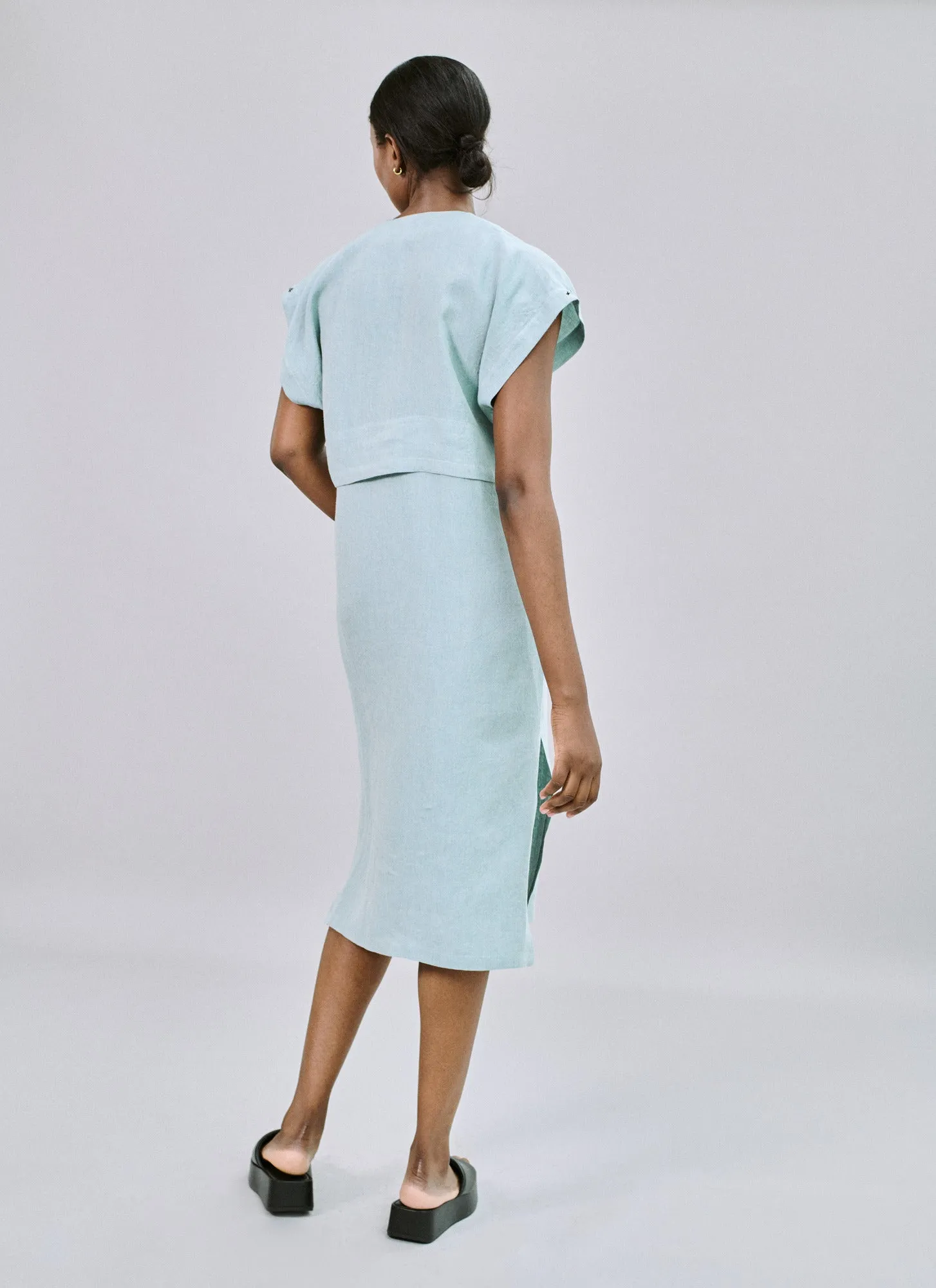 East meets West dress in vintage green Irish linen