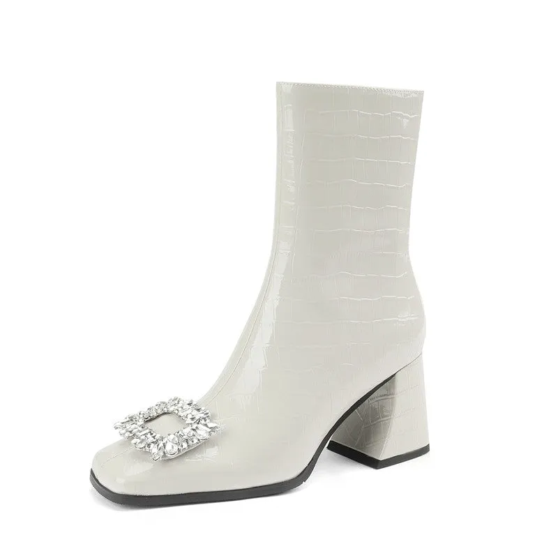 Fia Square Toe White Block Heel Boots