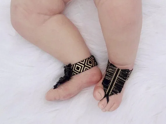 Girl's Black and Gold Boho Fringe Anklet Sandals