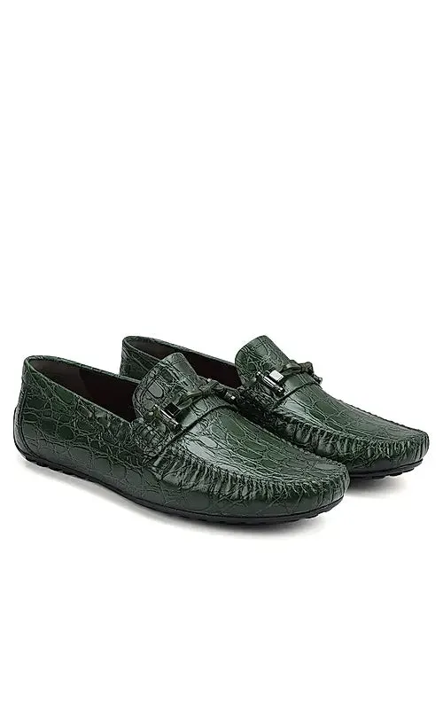Green Croco Textrured Moccasins