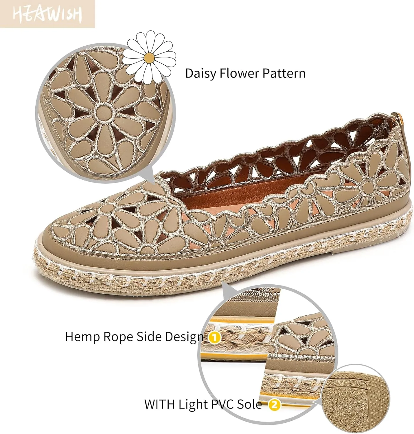 HEAWISH Womens Ballet Flat Daisy Round Toe Dress Shoes Casual Slip On Rope Loafer