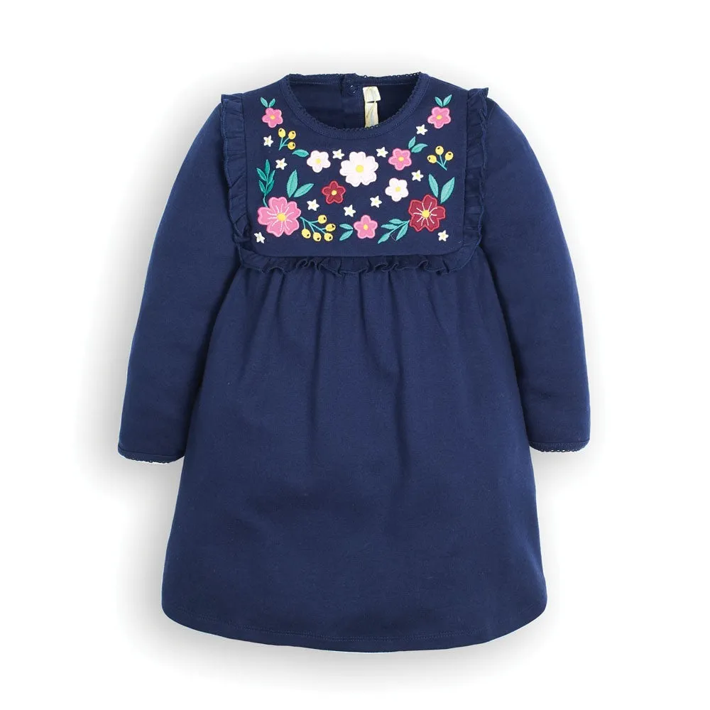 Jojo Maman Bebe Girls' Navy Floral Embroidered Jersey Dress