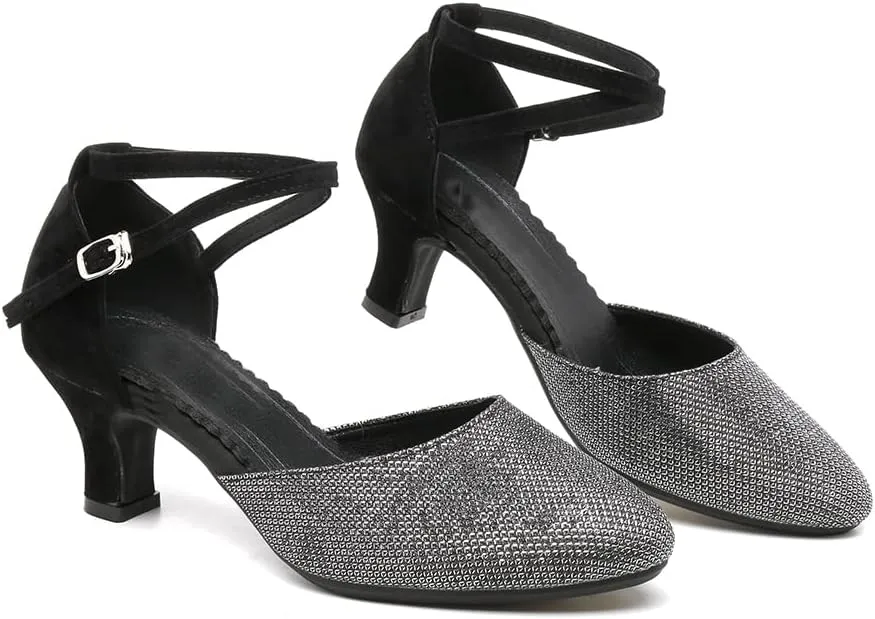 JUODVMP Women's Ballroom Dance Shoes Closed Toe Satin Modern Latin Dance Shoes Crisscross Belt Women Model DY212