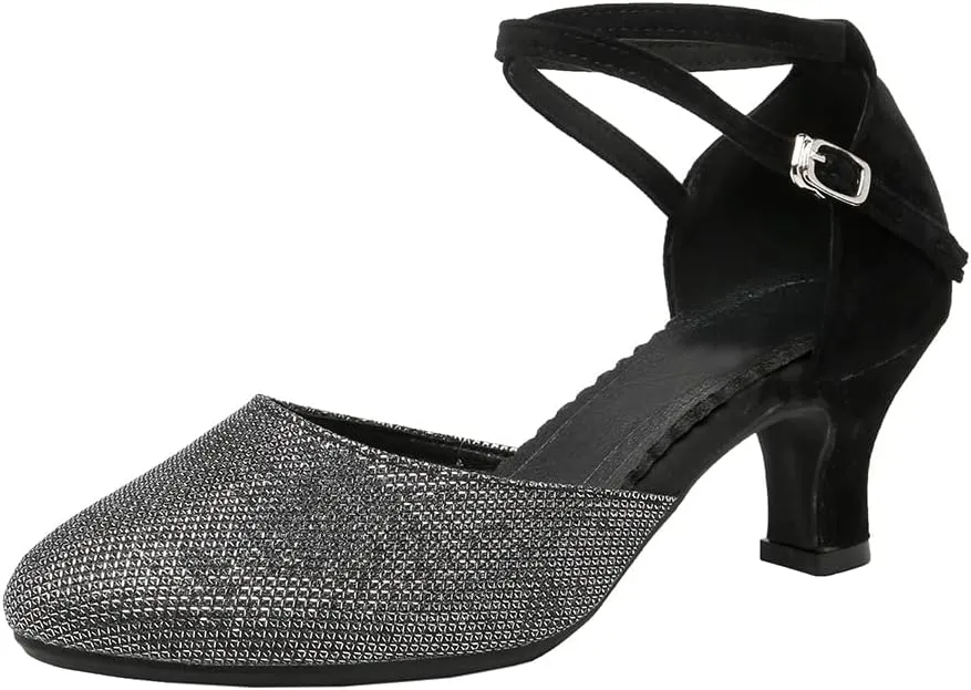 JUODVMP Women's Ballroom Dance Shoes Closed Toe Satin Modern Latin Dance Shoes Crisscross Belt Women Model DY212