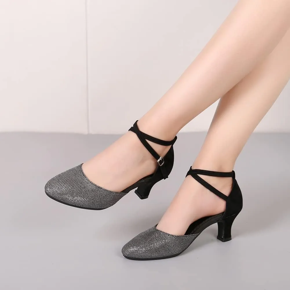 JUODVMP Women's Ballroom Dance Shoes Closed Toe Satin Modern Latin Dance Shoes Crisscross Belt Women Model DY212