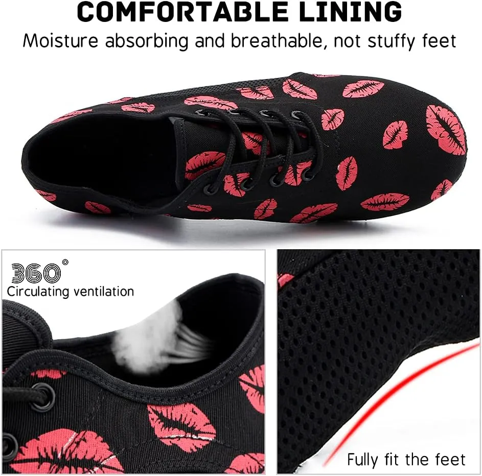 JUODVMP Women's Ballroom Dance Shoes Red Lips Mesh Closedtoe Salsa Professional Practice Low Heel Dance Shoes