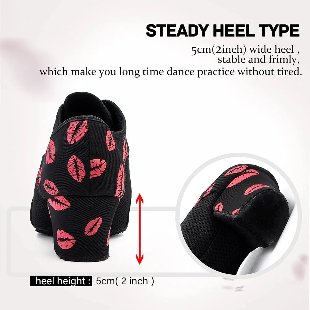 JUODVMP Women's Ballroom Dance Shoes Red Lips Mesh Closedtoe Salsa Professional Practice Low Heel Dance Shoes